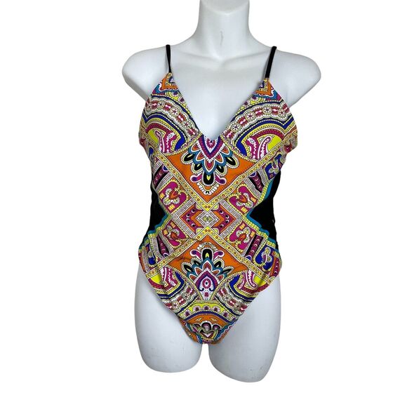 Trina Turk One Piece Swimsuit 8‎ Paisley Cutout Open Back Resort Chic - Picture 1 of 8